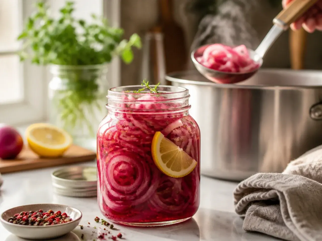 Warm spiced pickled onions with a cinnamon stick and cloves in a jar