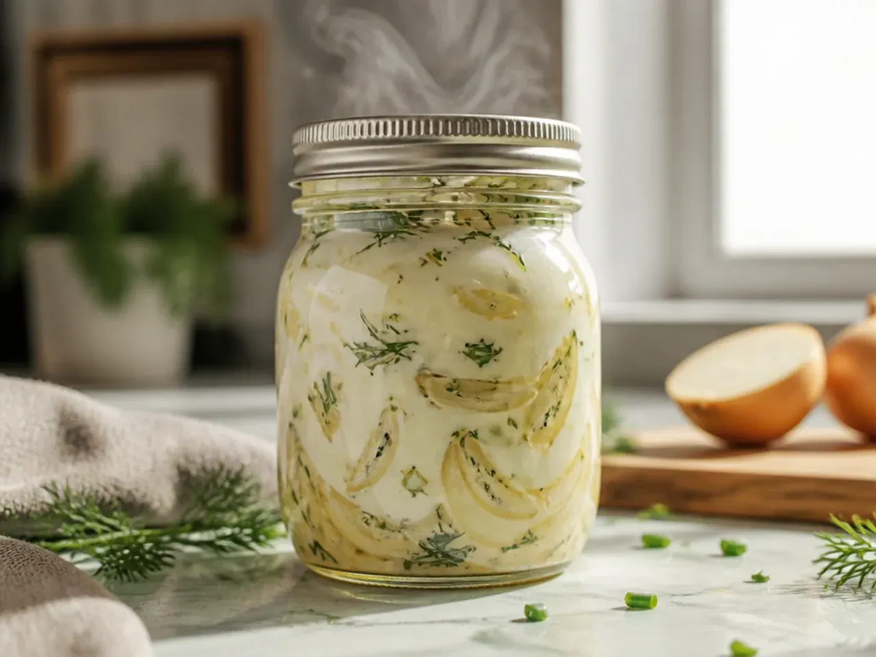 Creamy soured cream and dill cucumber onion salad in a white bowl