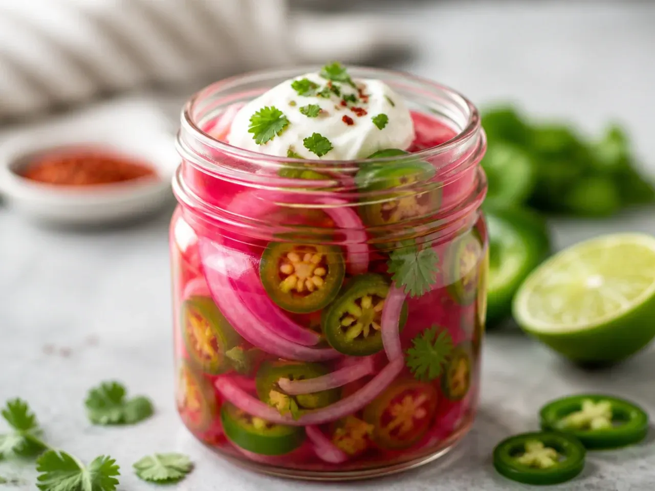 Jar of pickled cucumbers, onions and sliced jalapeños with lime