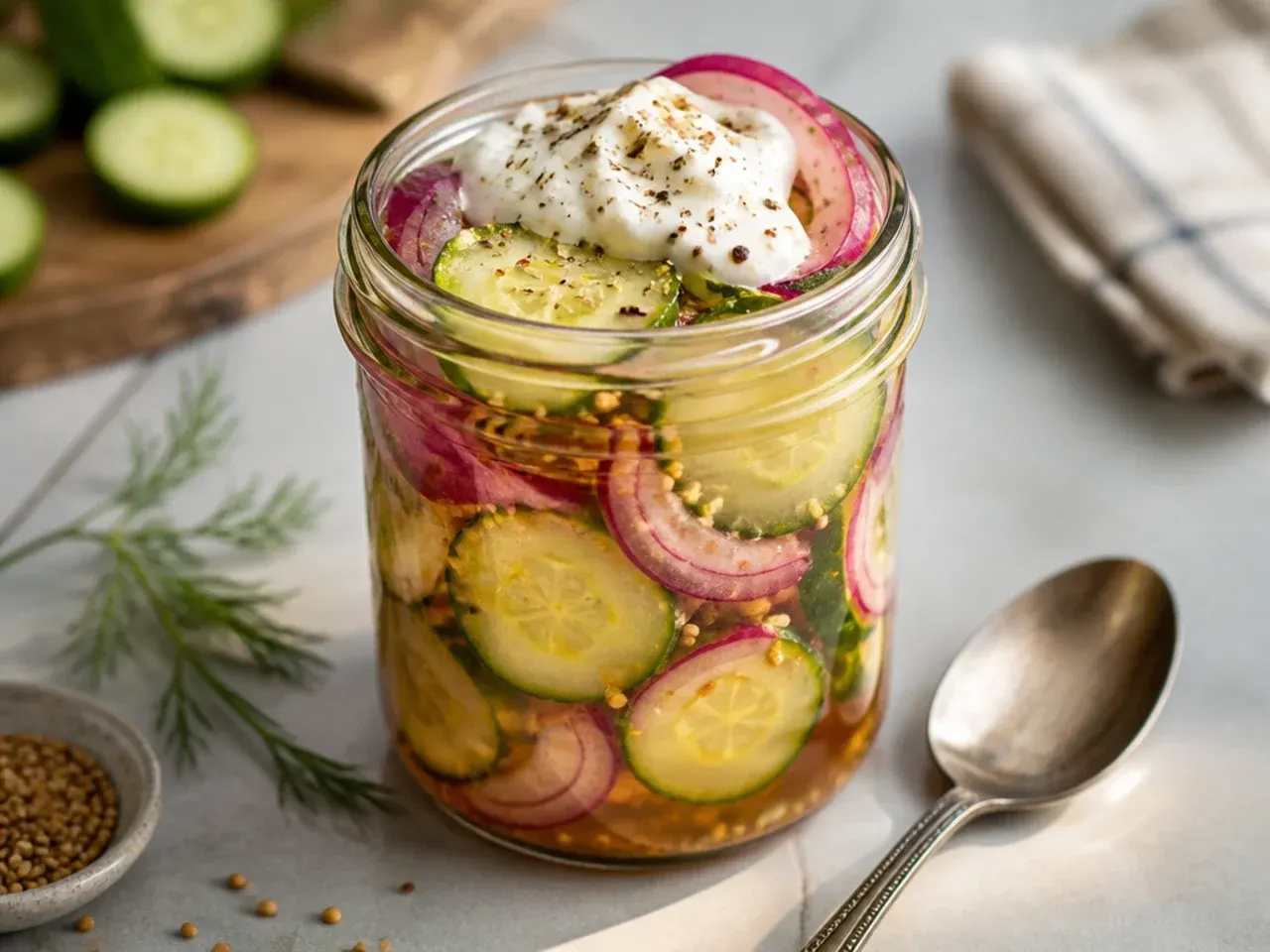 Honey and apple cider vinegar pickled cucumbers and onions in natural light