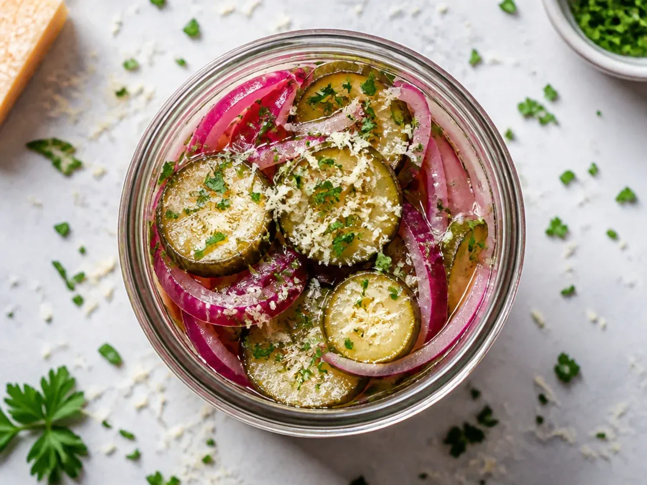 Large batch of budget cucumber and onion refrigerator pickles in multiple jars
