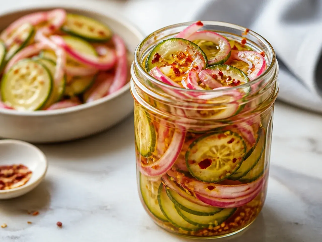 Thin quick-pickled cucumber and onion slices ready after 30 minutes