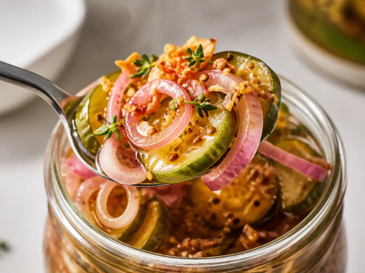 Thick-cut golden pickle chips in a jar