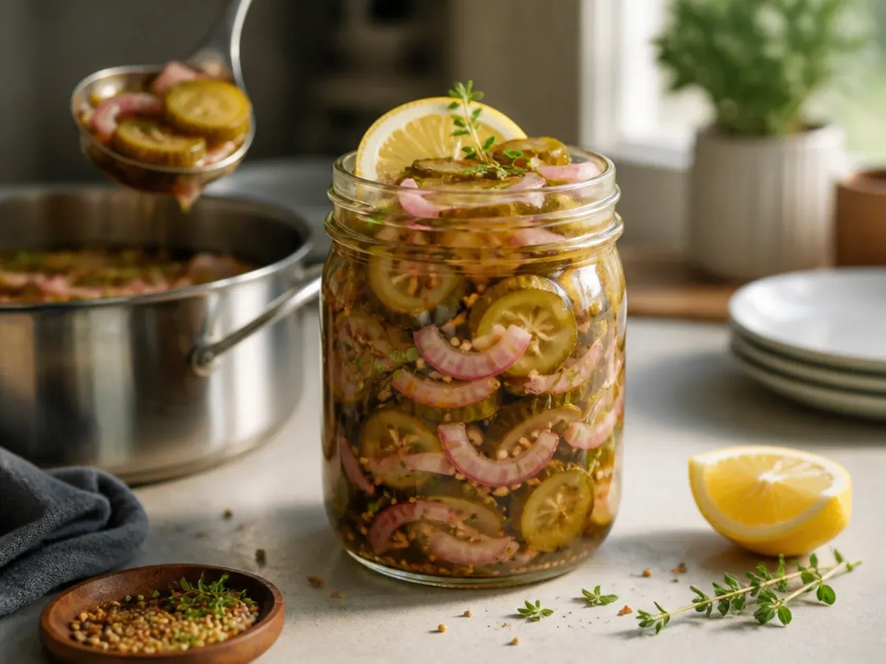 Loaded jar of pickles, onions, jalapeños and banana peppers for burger toppings