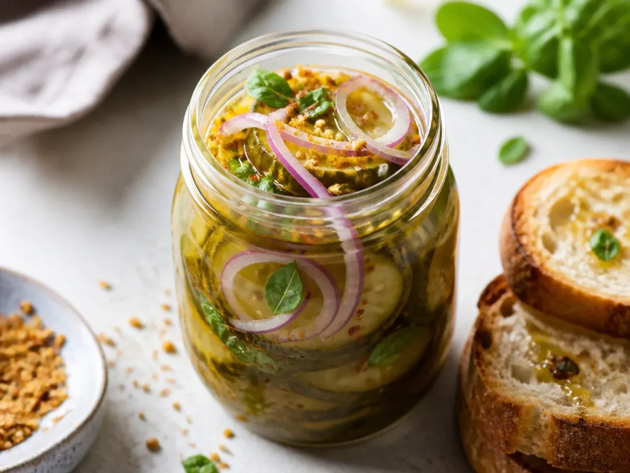 Extra crunchy pickled cucumber and onion slices held up on a fork