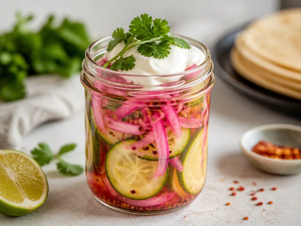 Quick pickled ribbons of cucumber and red onion for topping tacos