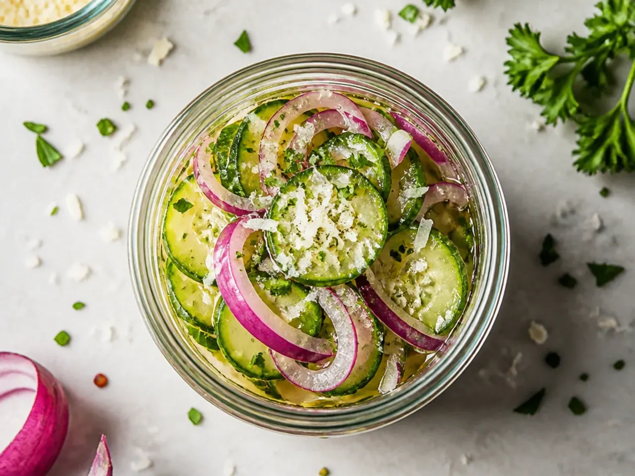 Mason jar being shaken to combine cucumber, onion and pickling brine