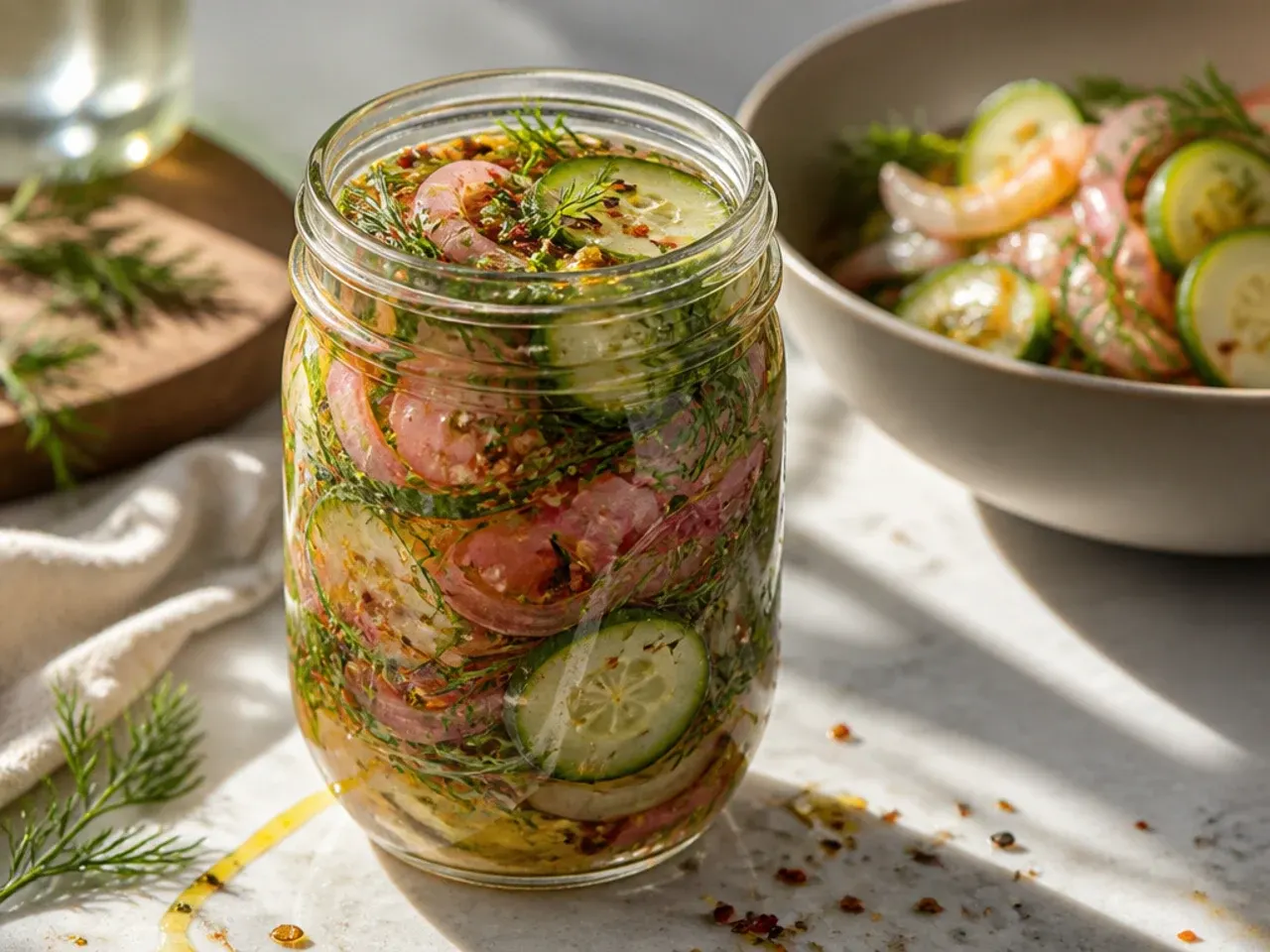 Fresh herb garden cucumber and onion pickles with tarragon and chives