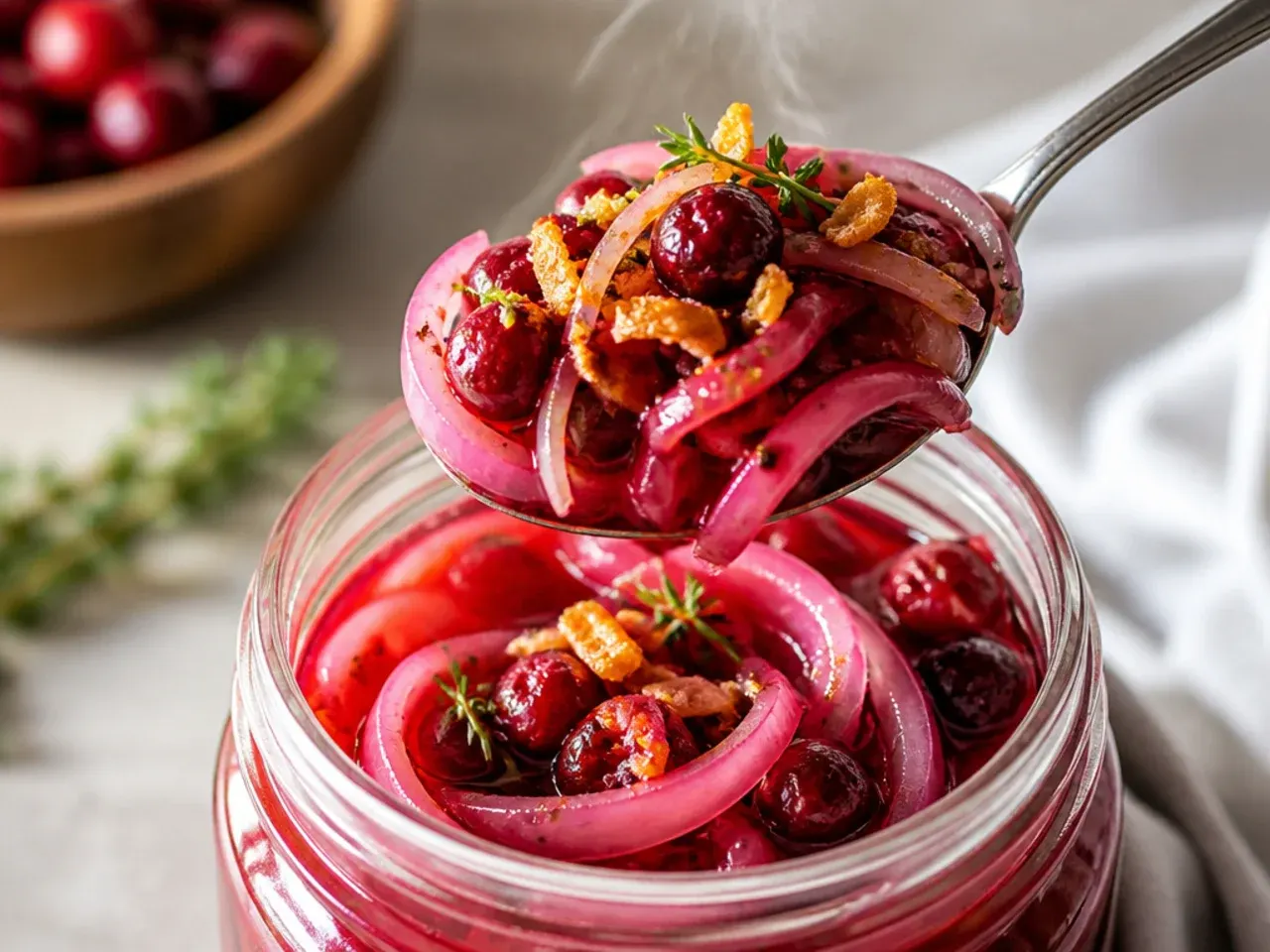 Cozy mulled pickled onions with cranberries and a cinnamon stick