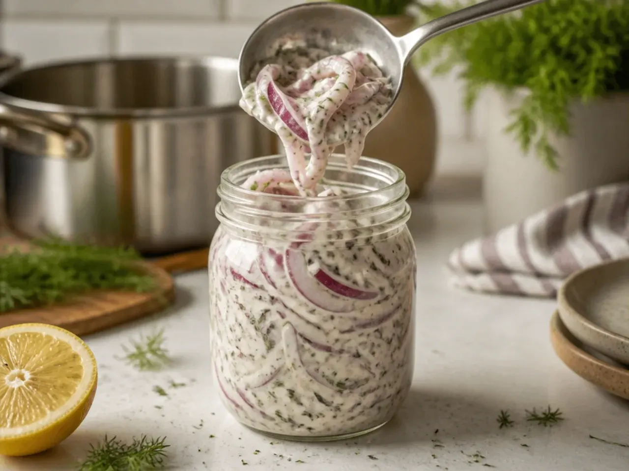 Creamy ranch style pickled onion and cucumber salad in a serving bowl
