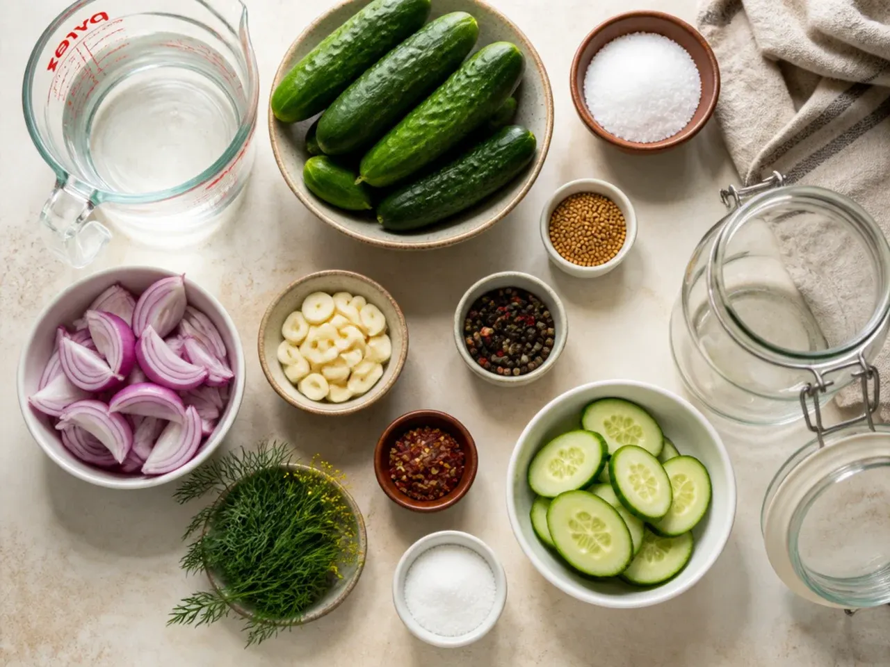 Close-up of hands slicing cucumbers thinly on a wooden board
