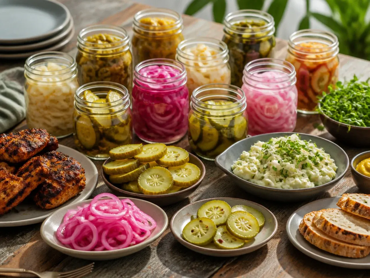 Refrigerator pickles and onions served alongside a burger and cold cuts