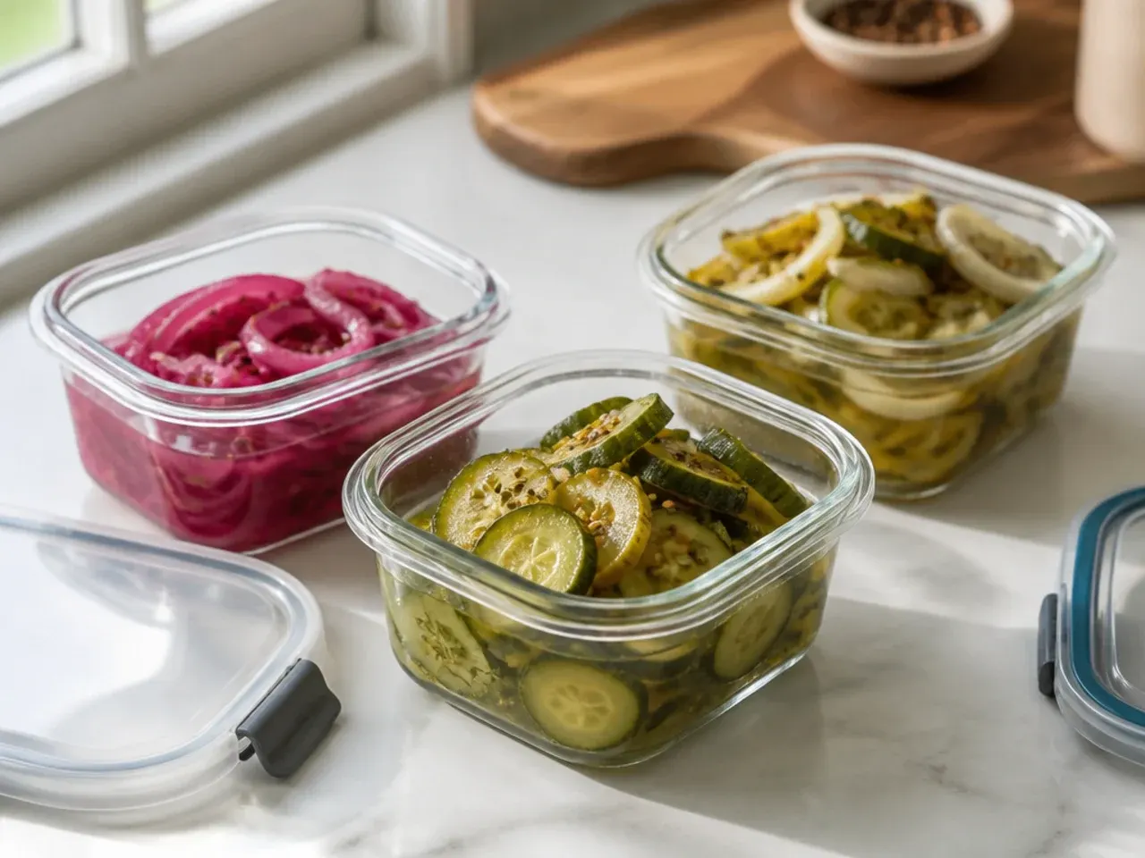 Sealed jar of refrigerator pickles and onions stored on a fridge shelf