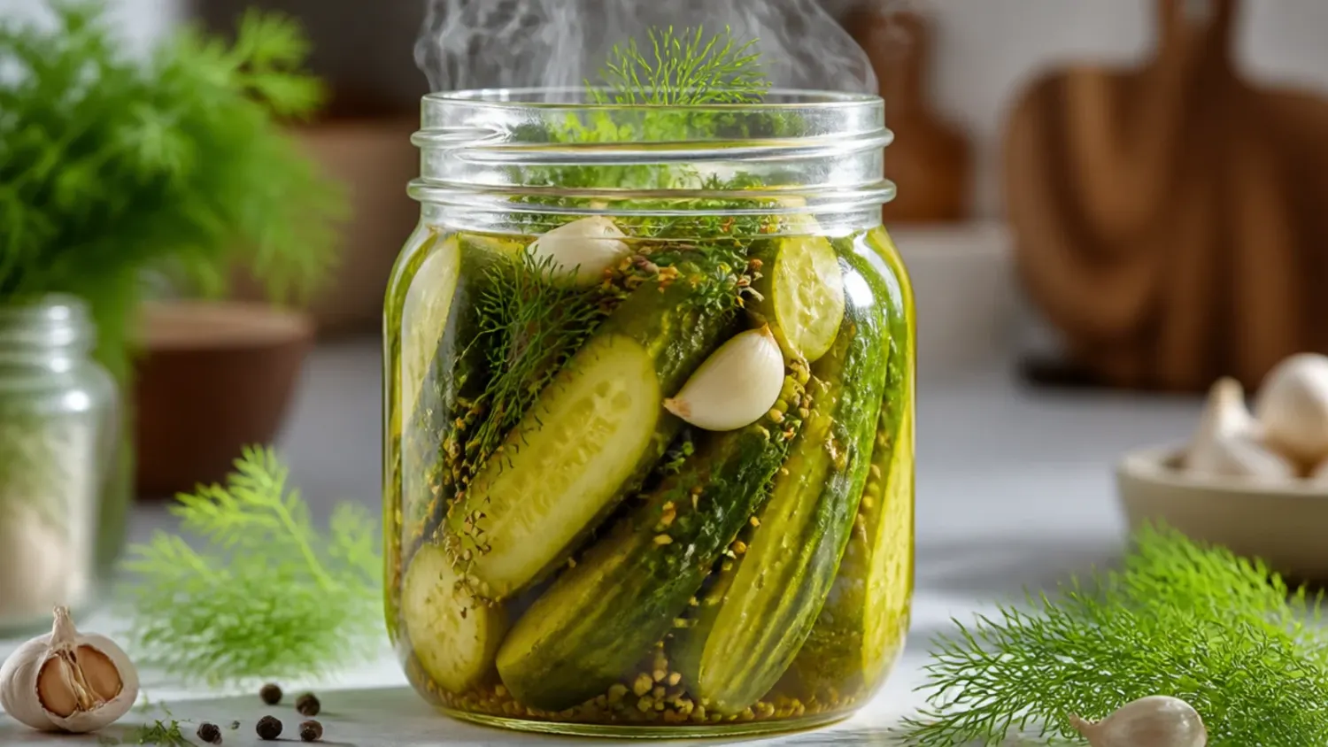 Overhead view of glass jars filled with homemade refrigerator dill pickles, garlic cloves, and fresh dill sprigs on a wooden board.