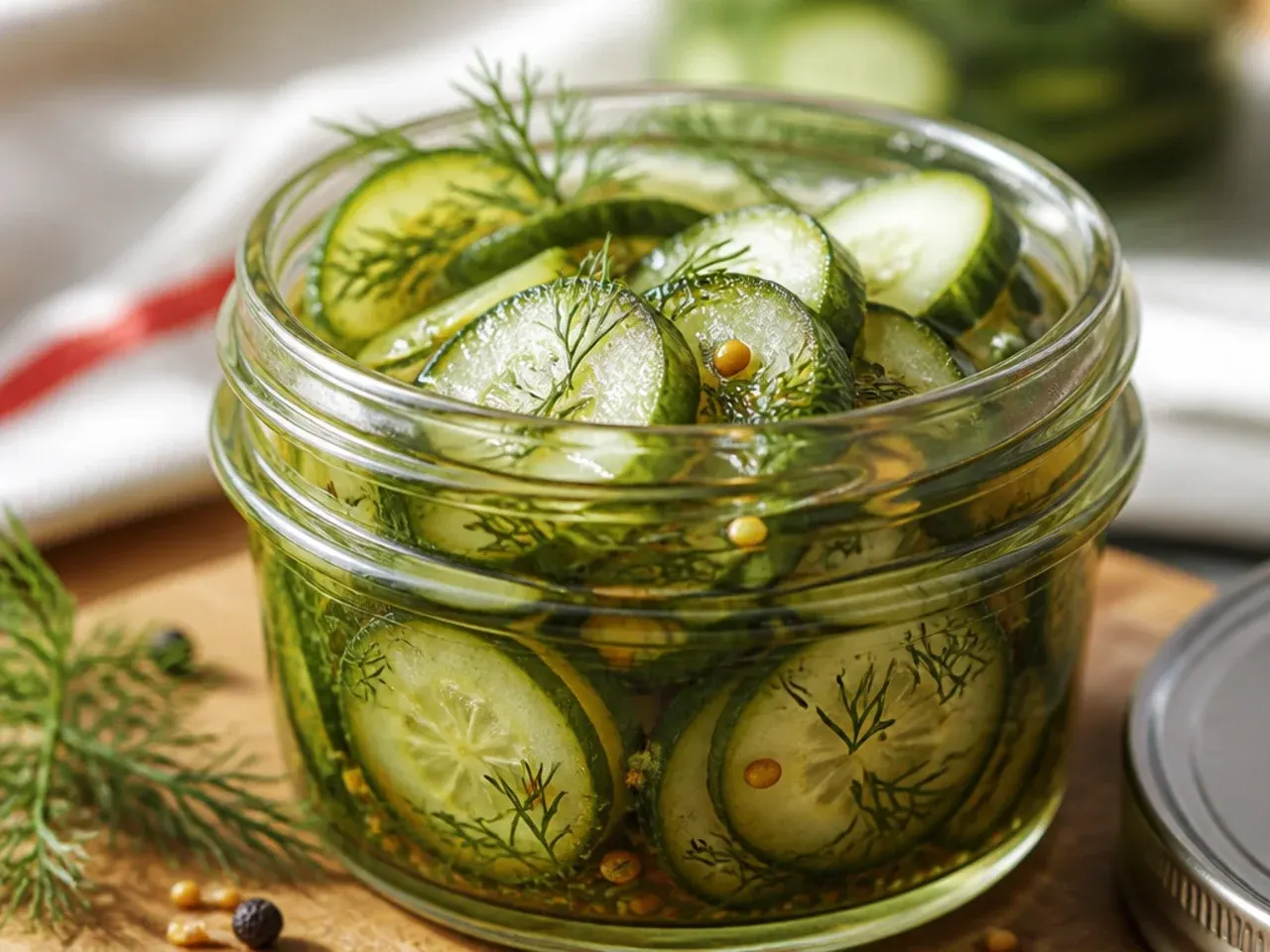 Bowl of fresh whole cucumbers, dill sprigs, and garlic cloves laid out on a kitchen counter ready for pickling.