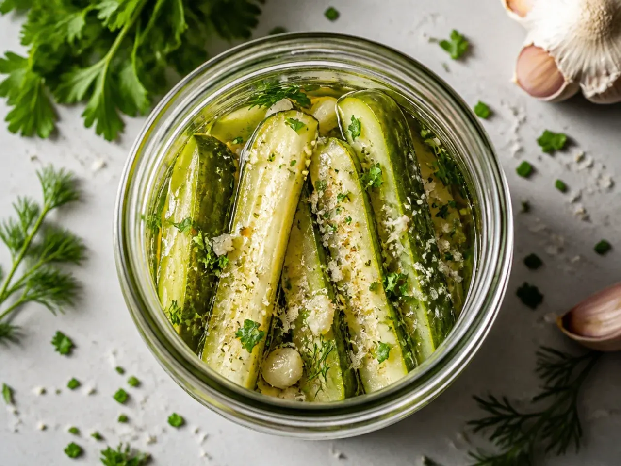 Jar of classic dill pickle spears with garlic cloves and peppercorns visible through the glass.