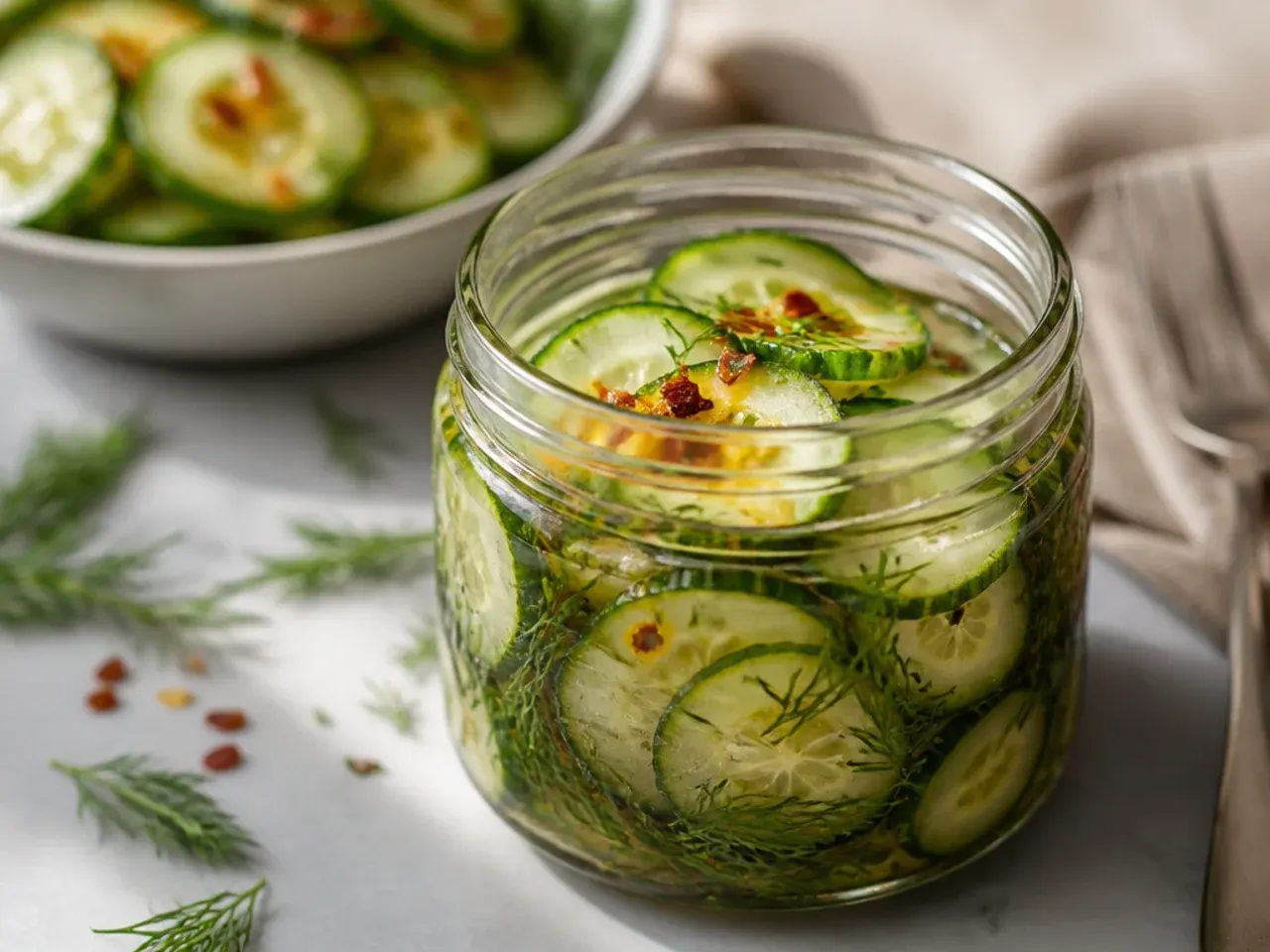 Sliced cucumber rounds in brine in a small jar with a few dill fronds.