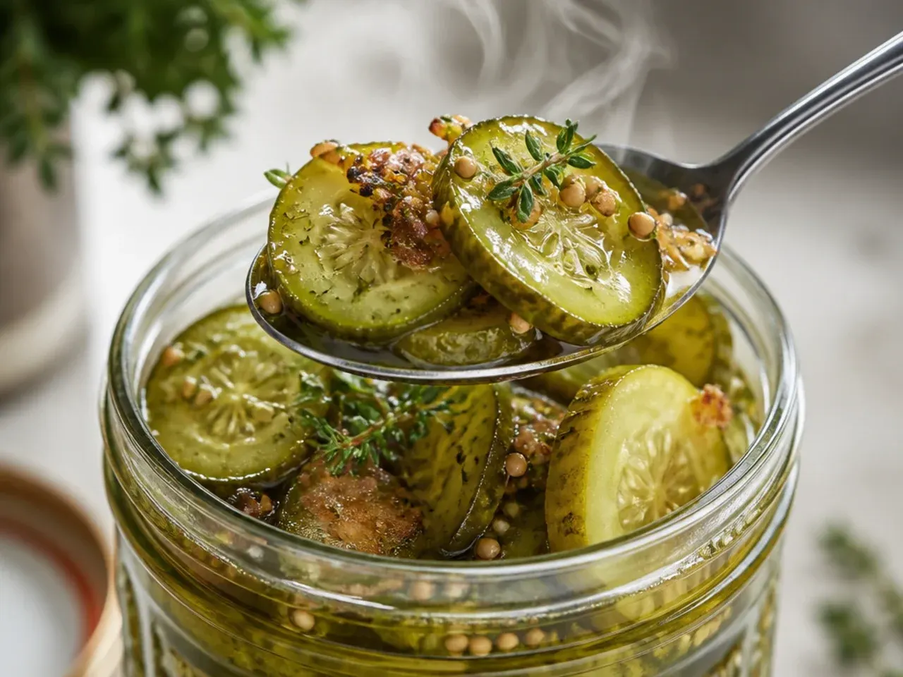 Fresh dill fronds and sliced onion layered with cucumber spears in a clear jar.