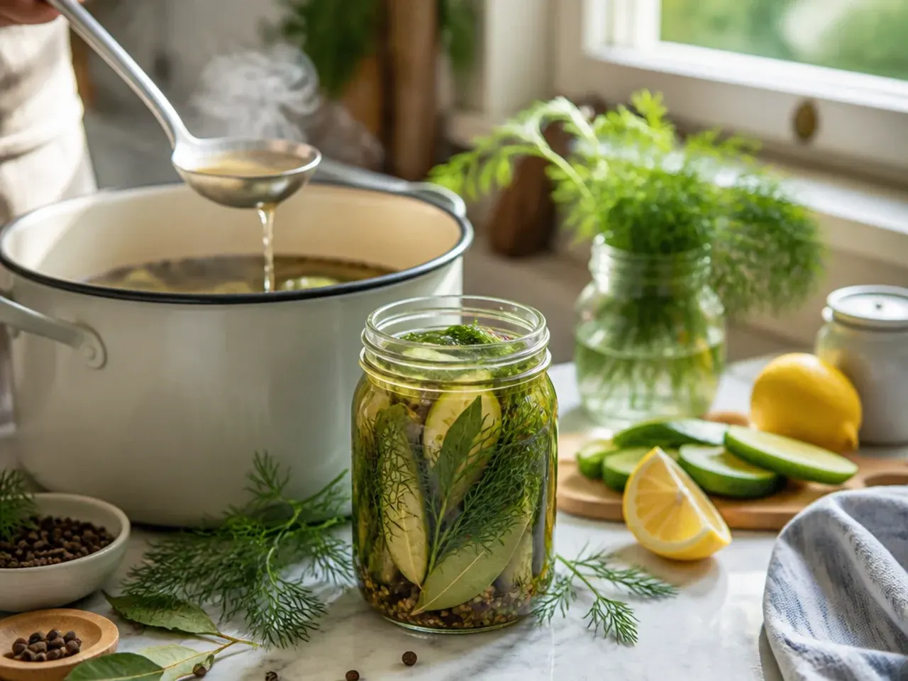 Whole allspice berries and a bay leaf resting on cucumber spears in a pickling jar.