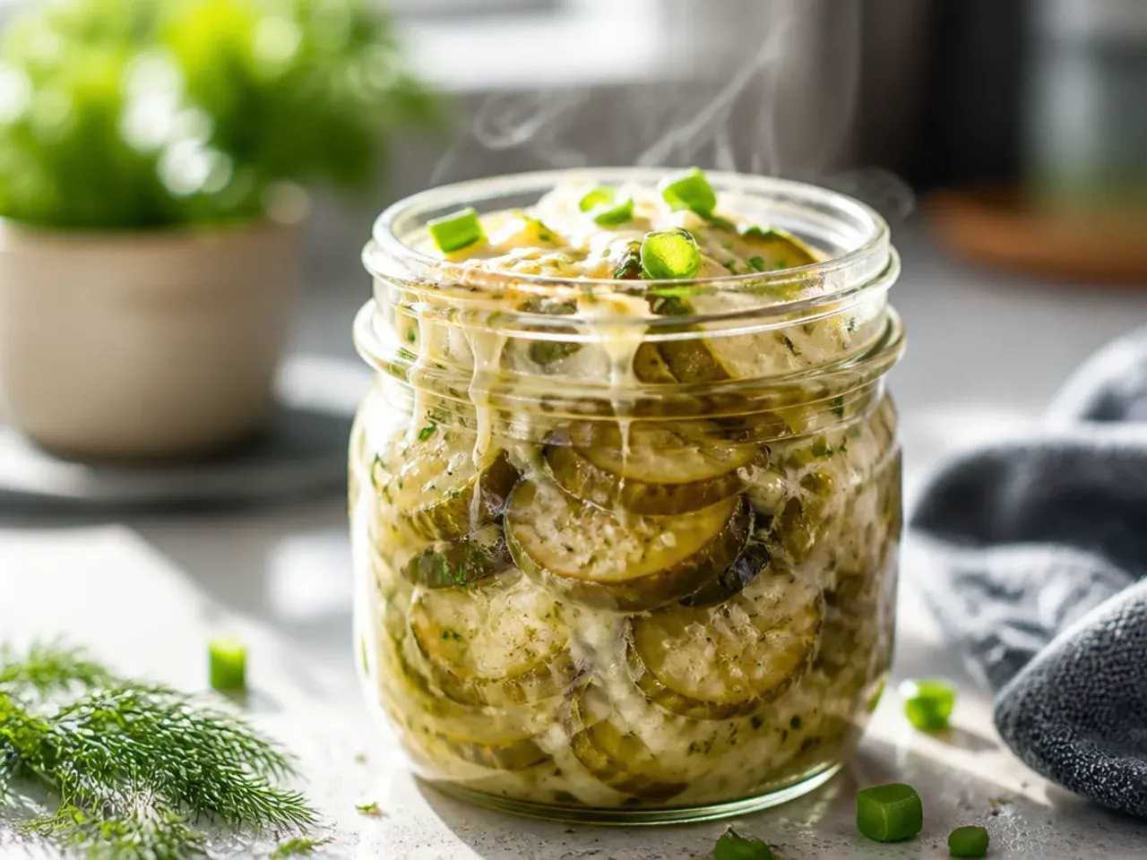 Cucumber spears in a slightly cloudy ranch-seasoned brine with herb flecks visible.