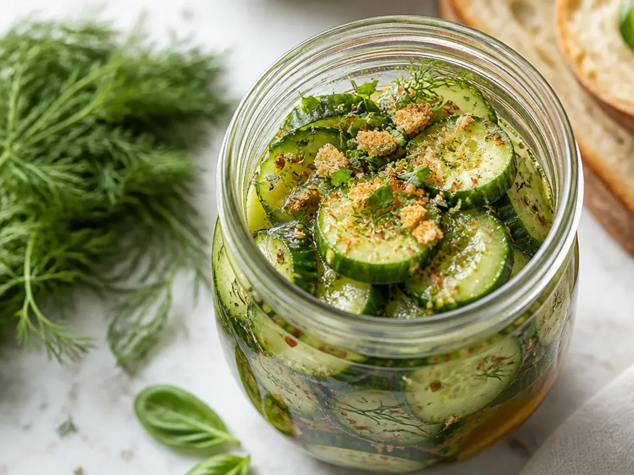Simple jar of cucumber spears with just garlic cloves and dill visible in clear brine.