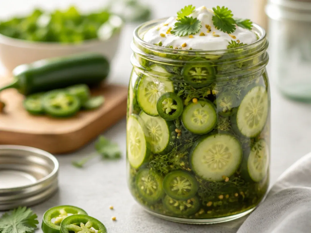 Cucumber spears layered with bright green jalapeño rounds in a pickling jar.