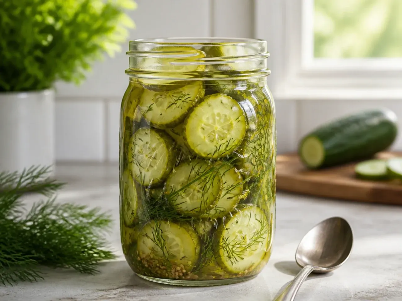 Jar of dill pickle spears in clear, sugar-free brine with extra dill and garlic.