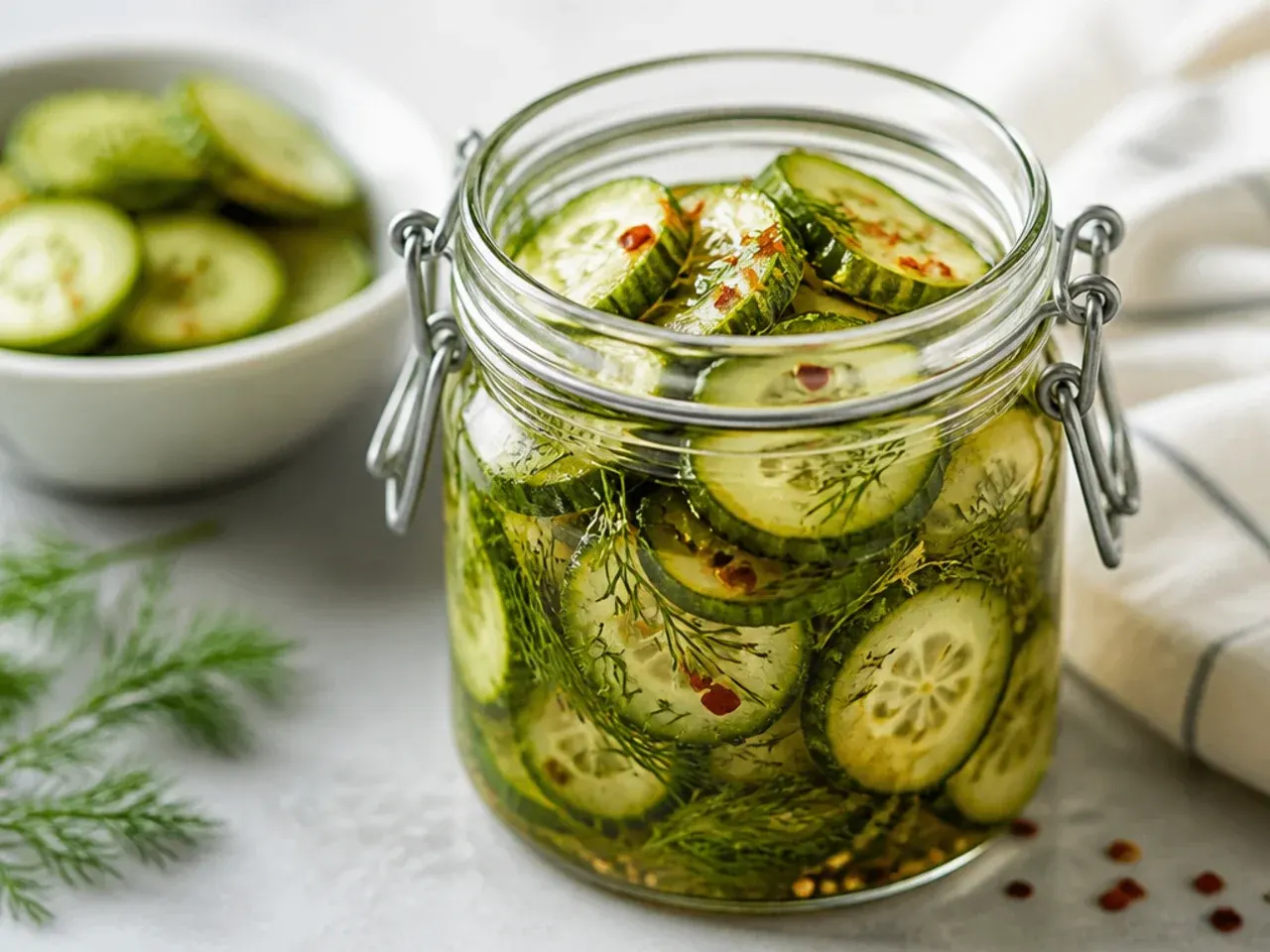 Thin cucumber rounds in brine in a jar, set on a kitchen counter next to a burger bun.