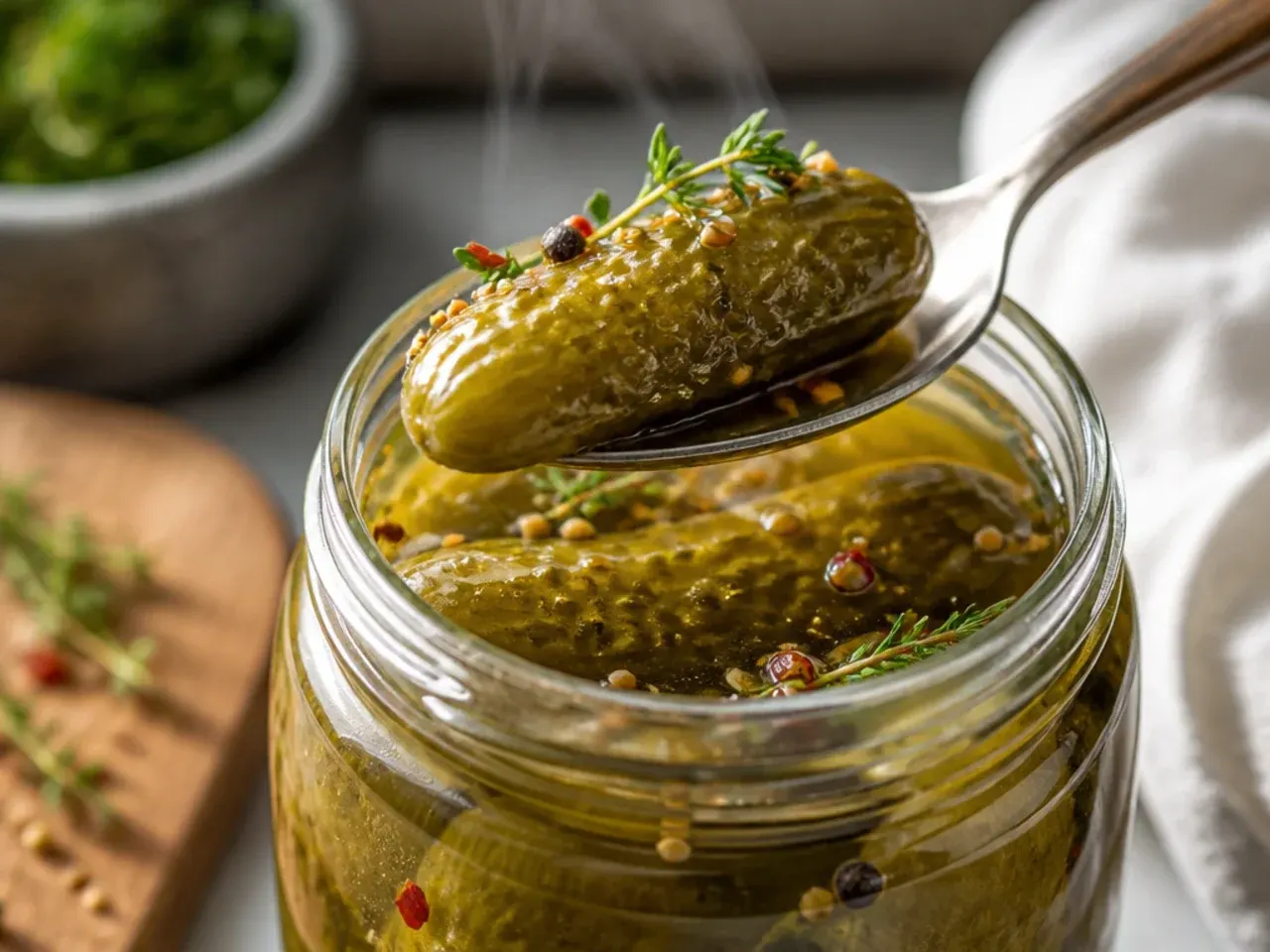 Whole small cucumbers packed upright in a tall jar with dill seed heads and garlic.
