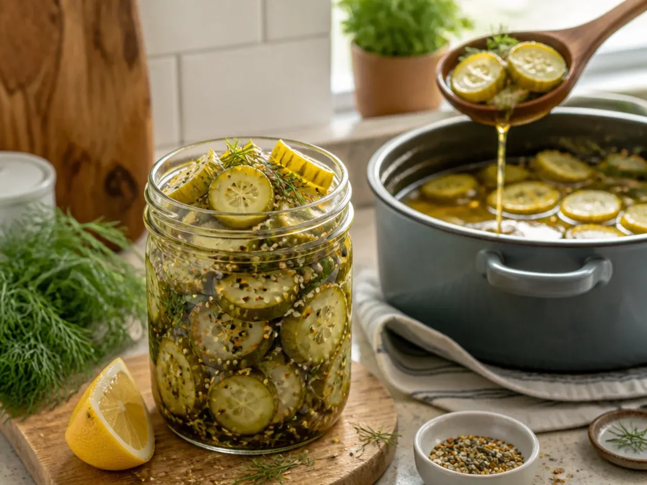 Cucumber spears speckled with everything bagel seasoning in a glass jar.