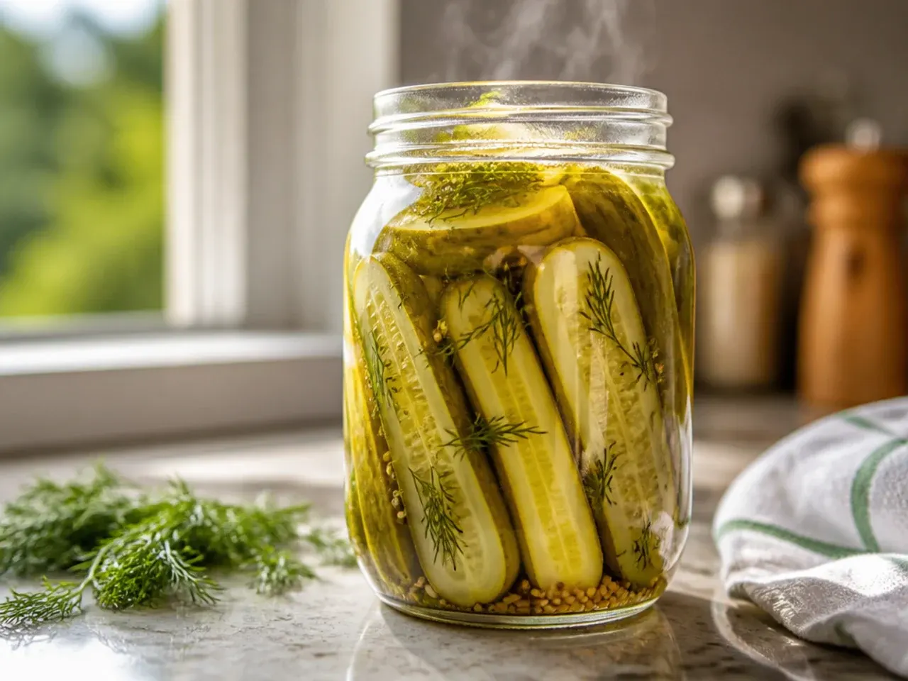Large family-size jar packed full of dill pickle spears with spices layered throughout.