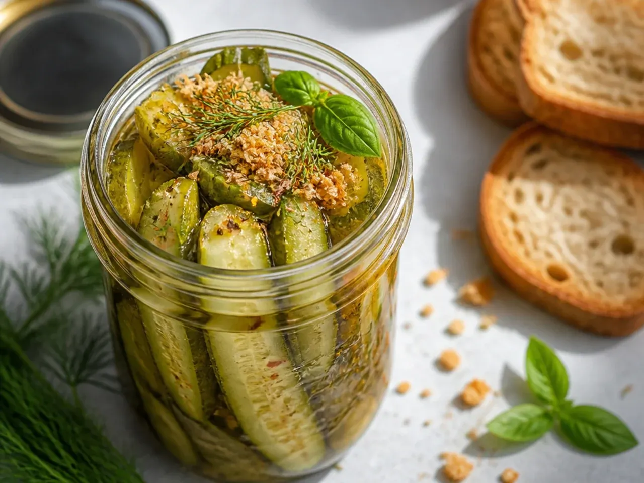 Close-up of an extra-crunchy dill pickle spear broken in half showing crisp texture.