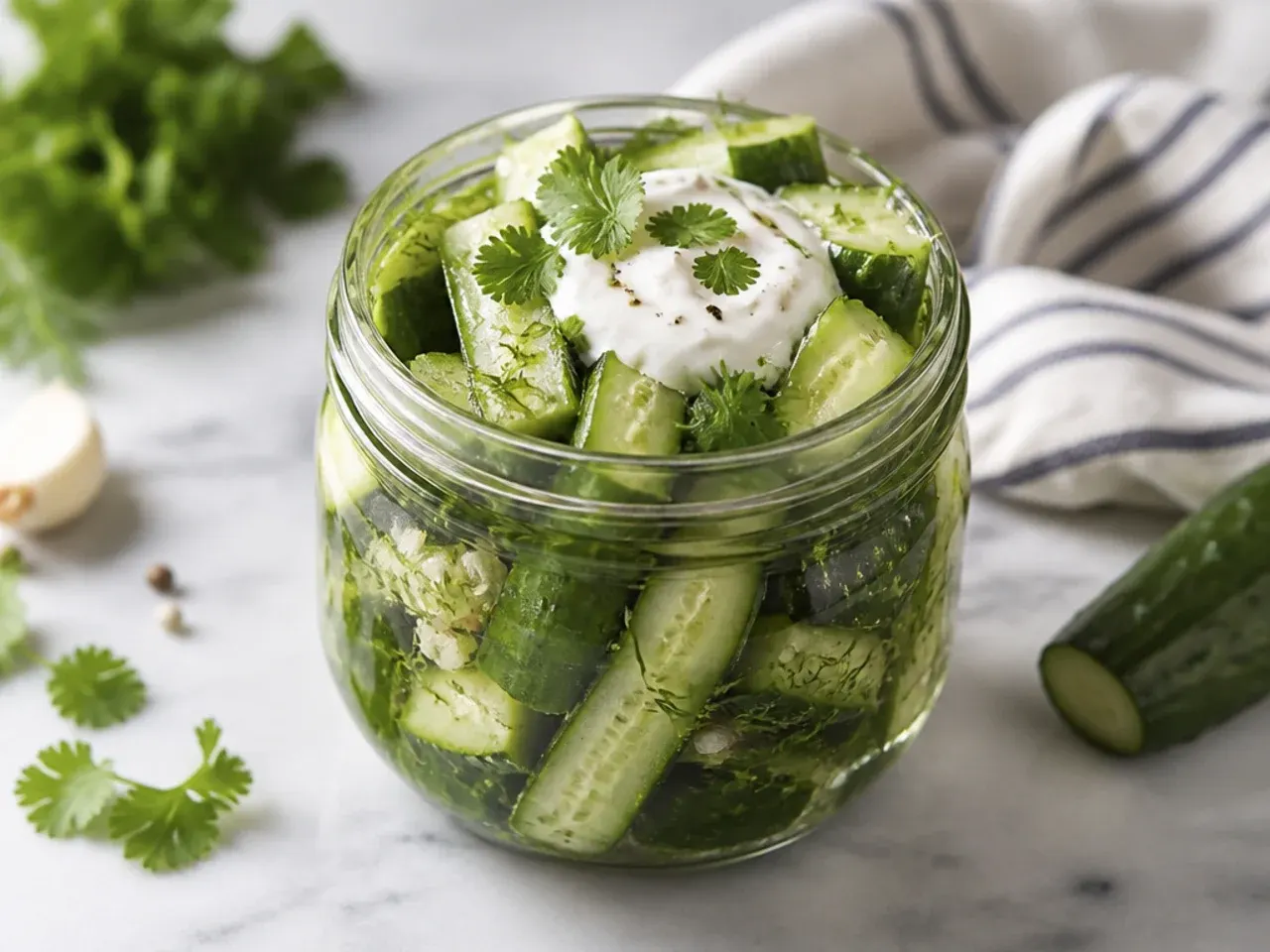 Smashed cucumber pieces with cracked, jagged edges in a bowl with dill and garlic.