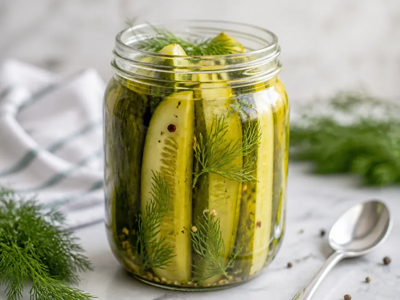 Long deli-style dill pickle spears stacked on a plate next to a sandwich.