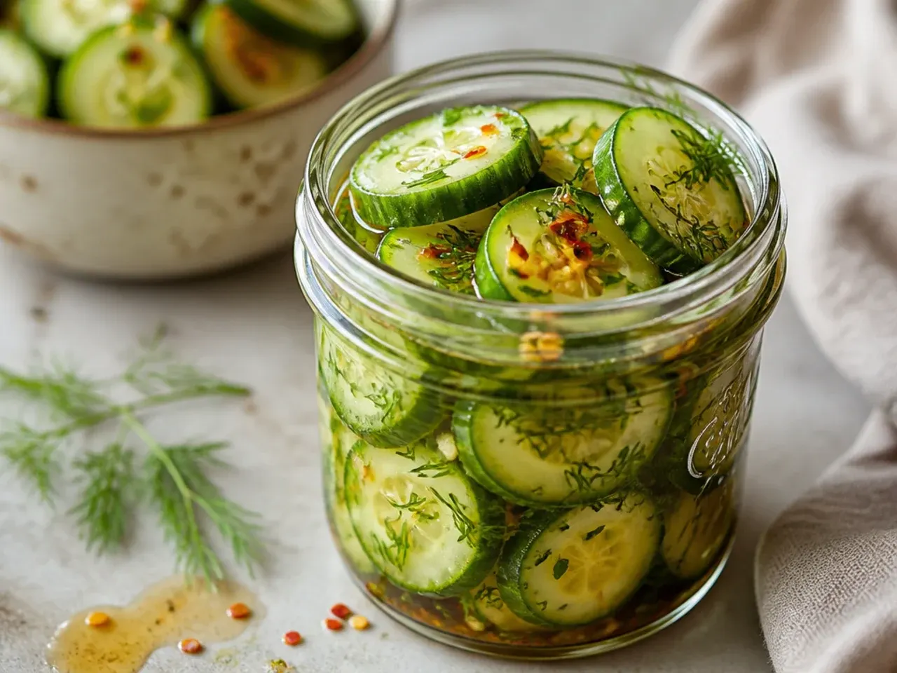 Cucumber rounds with chopped chives and dill fronds floating in brine.