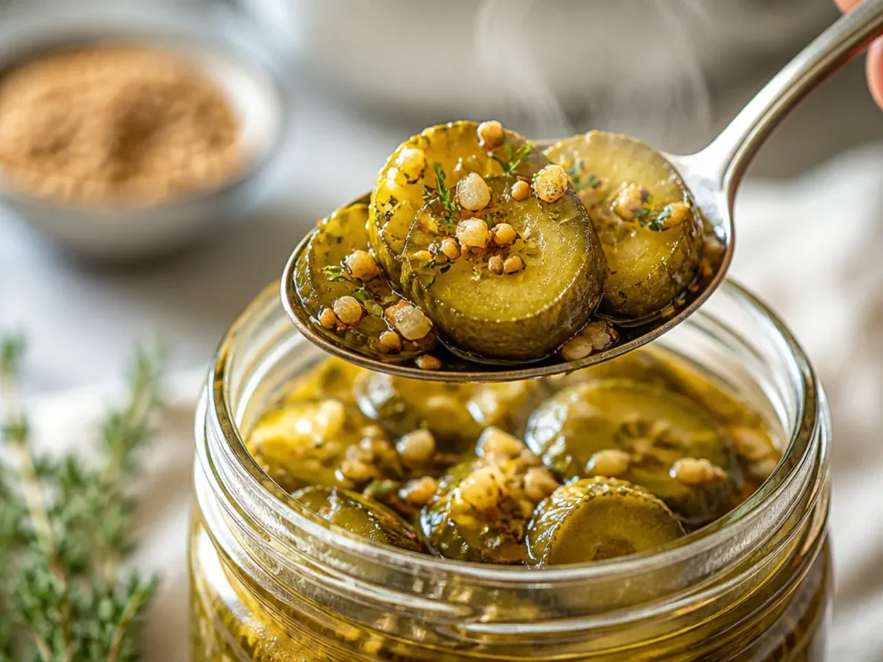 Cinnamon stick resting alongside cucumber spears in a slightly golden sweet brine.