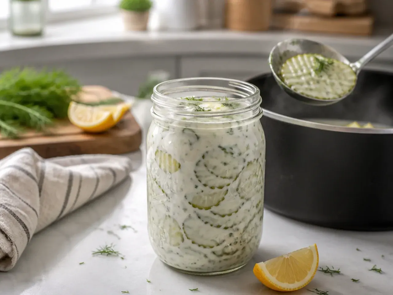Thick cucumber chips in a creamy-looking herbed brine in a wide jar.