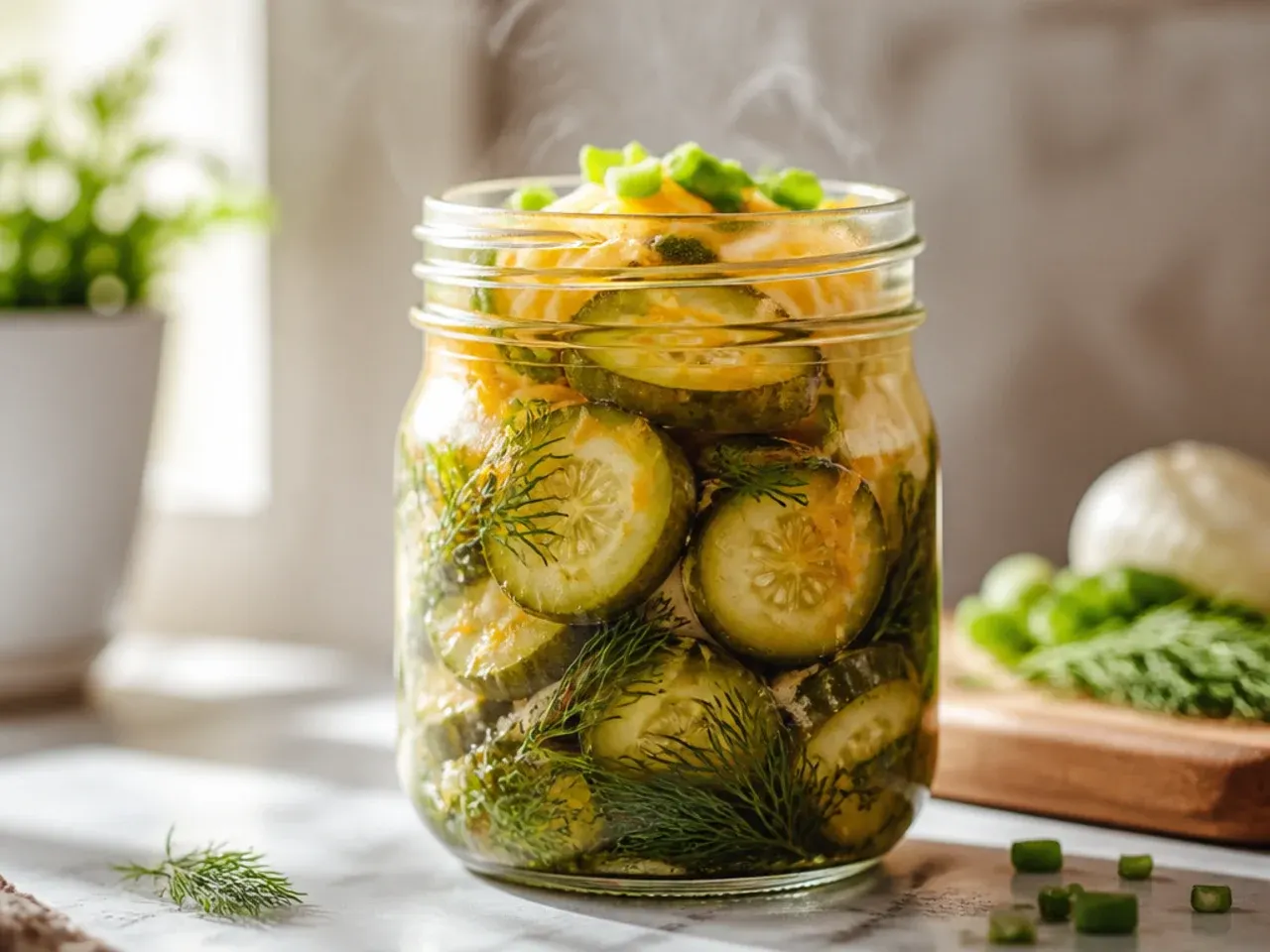 Plain cucumber spears in clear vinegar brine with no visible herbs or spices.