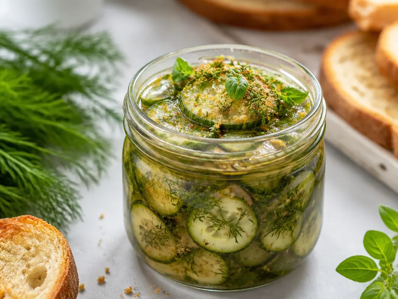 Jar of dill pickle spears with a spoonful of horseradish being stirred into the brine.