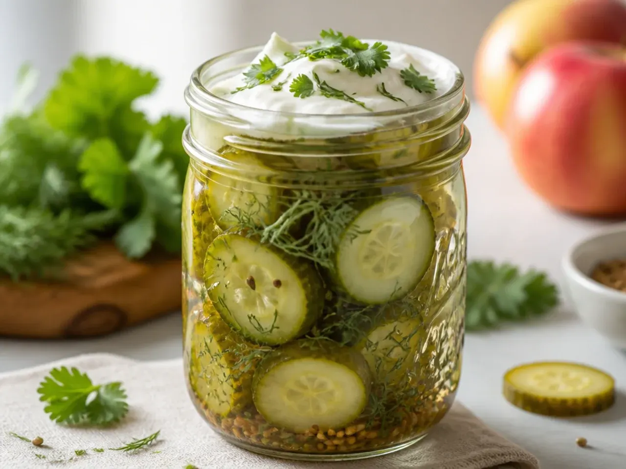 Golden-tinted apple cider vinegar brine surrounding cucumber spears in a jar.