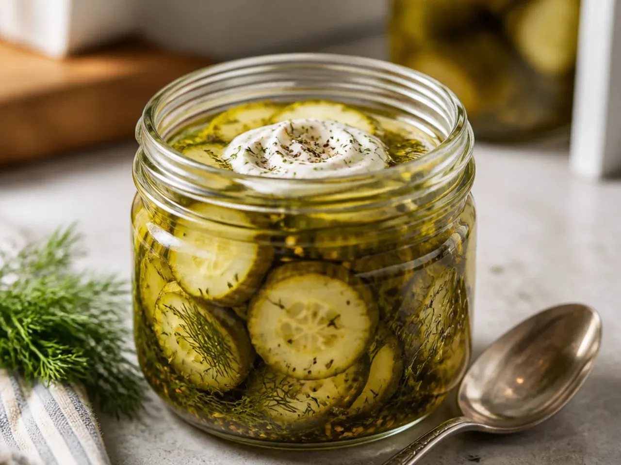 Empty pickle jar with leftover brine having fresh cucumber spears added to it.