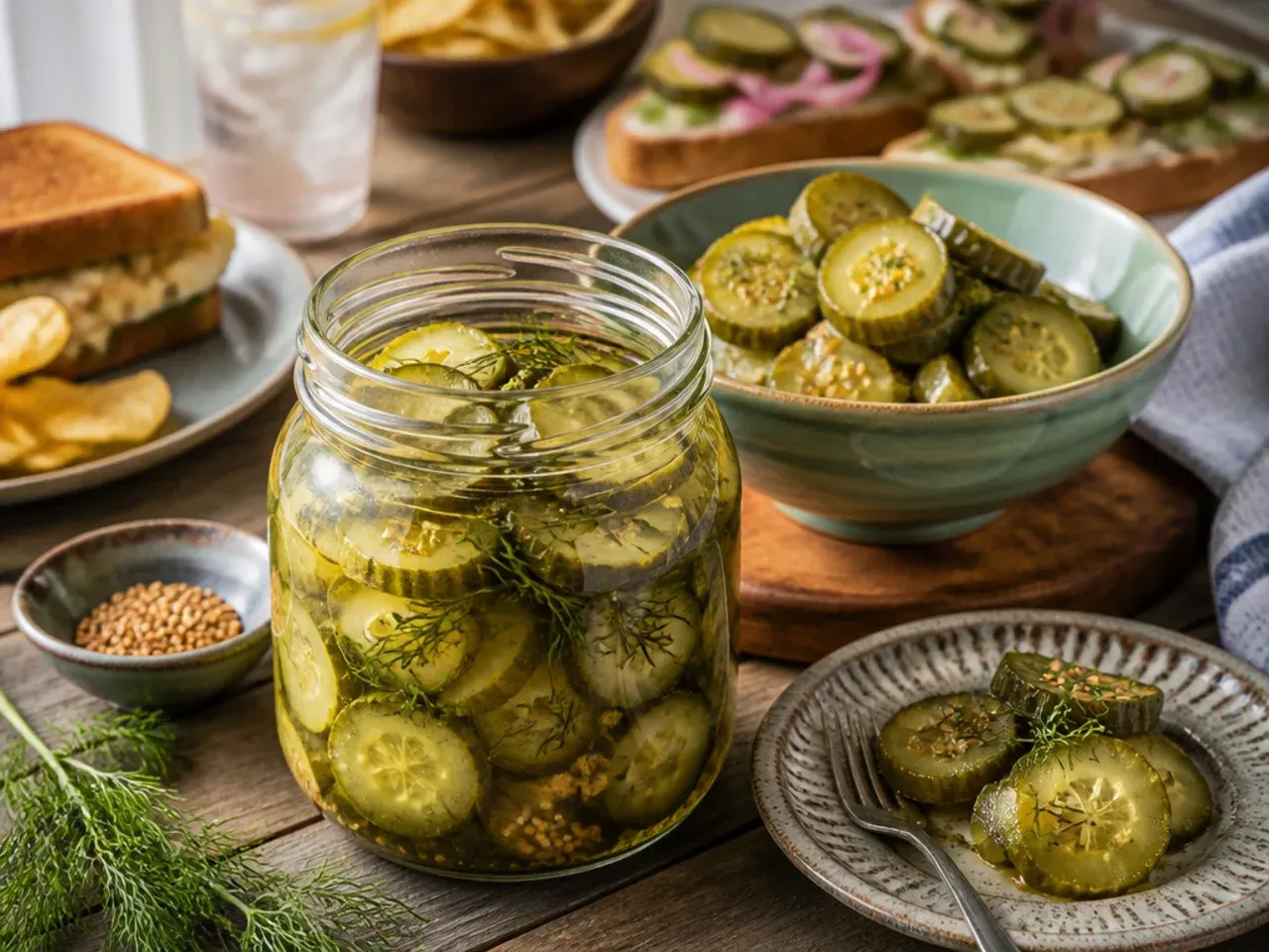 Plate of burgers and sandwiches served with dill pickle spears on the side.