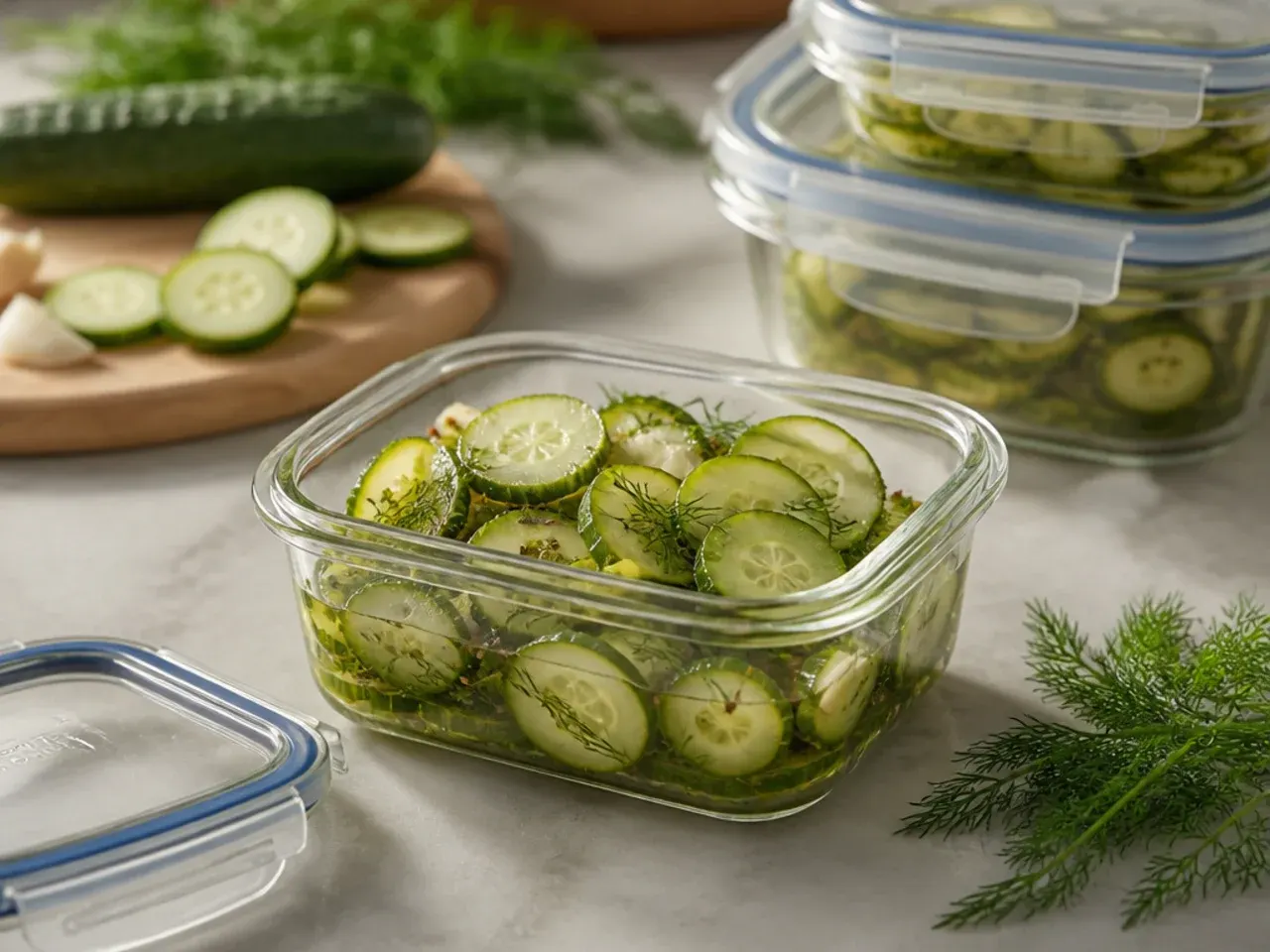 Jars of dill pickles stored neatly on a fridge shelf next to other condiments.