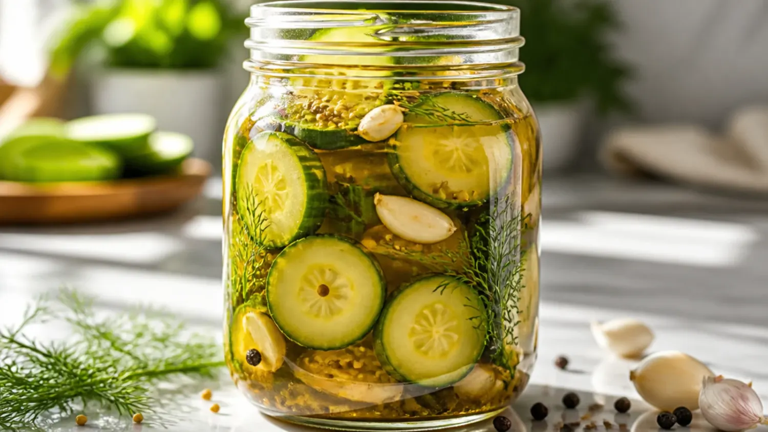 Overhead shot of a glass jar filled with thinly sliced sweet refrigerator pickles and onion in a golden turmeric brine, with fresh cucumbers scattered around it on a rustic wooden table.