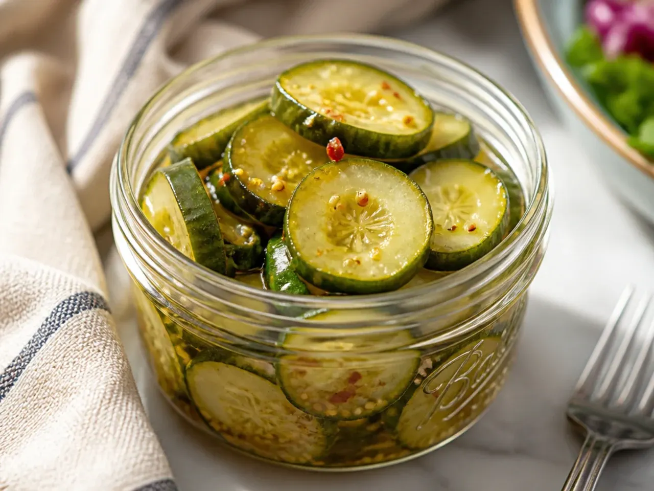 Hands pouring warm golden brine over sliced cucumbers and onion packed into a glass jar on a kitchen counter.