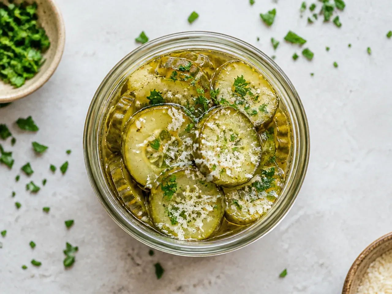 Close-up of classic golden bread-and-butter sweet pickle slices layered with onion in a mason jar.