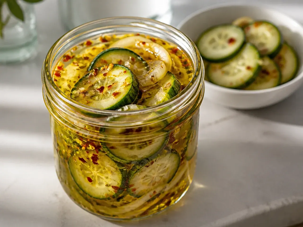 Whisking sugar into cold vinegar in a glass measuring jug next to a bowl of sliced cucumbers.