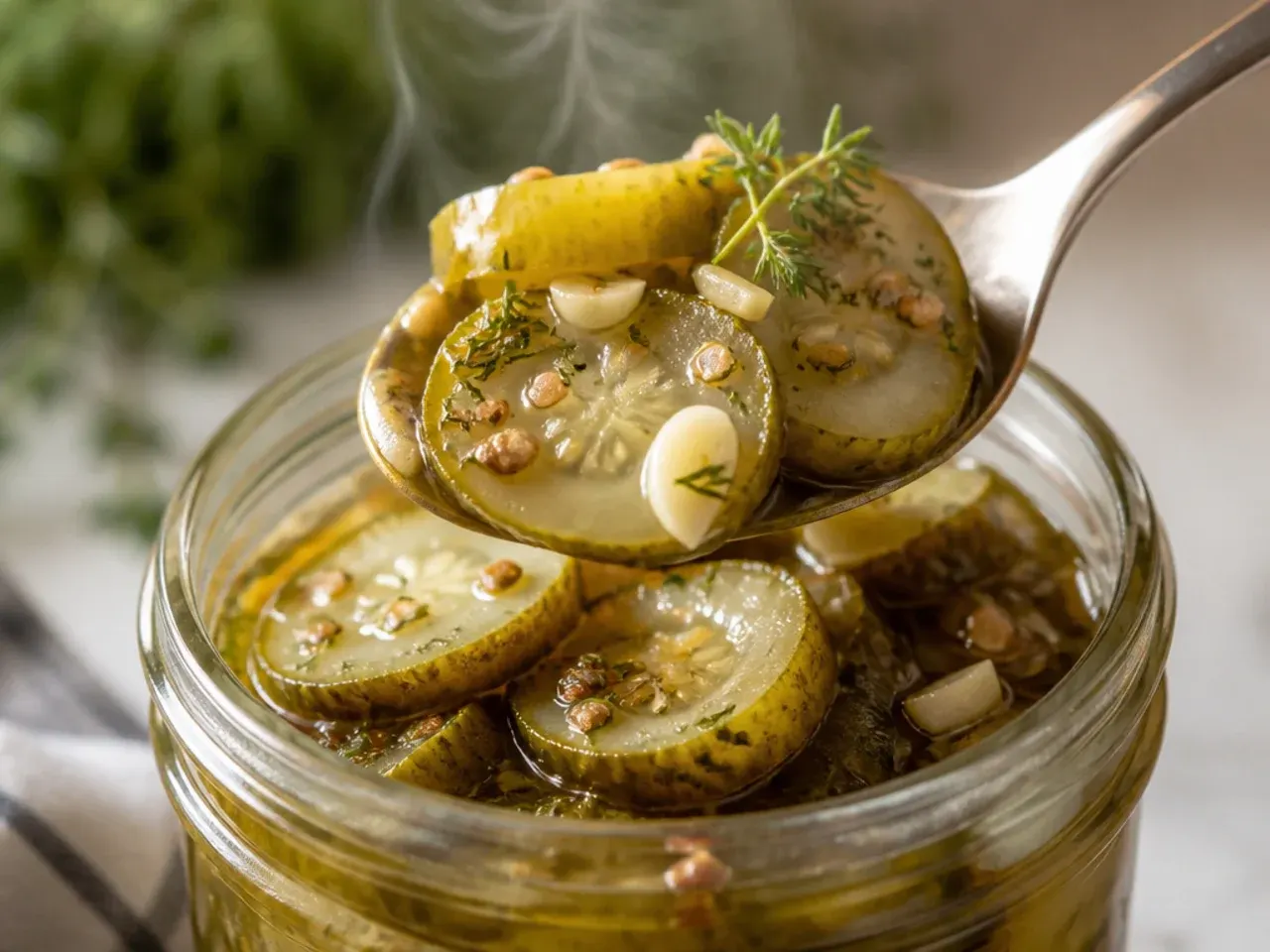 Sweet pickle jar with visible fresh dill fronds and smashed garlic cloves suspended in the brine.