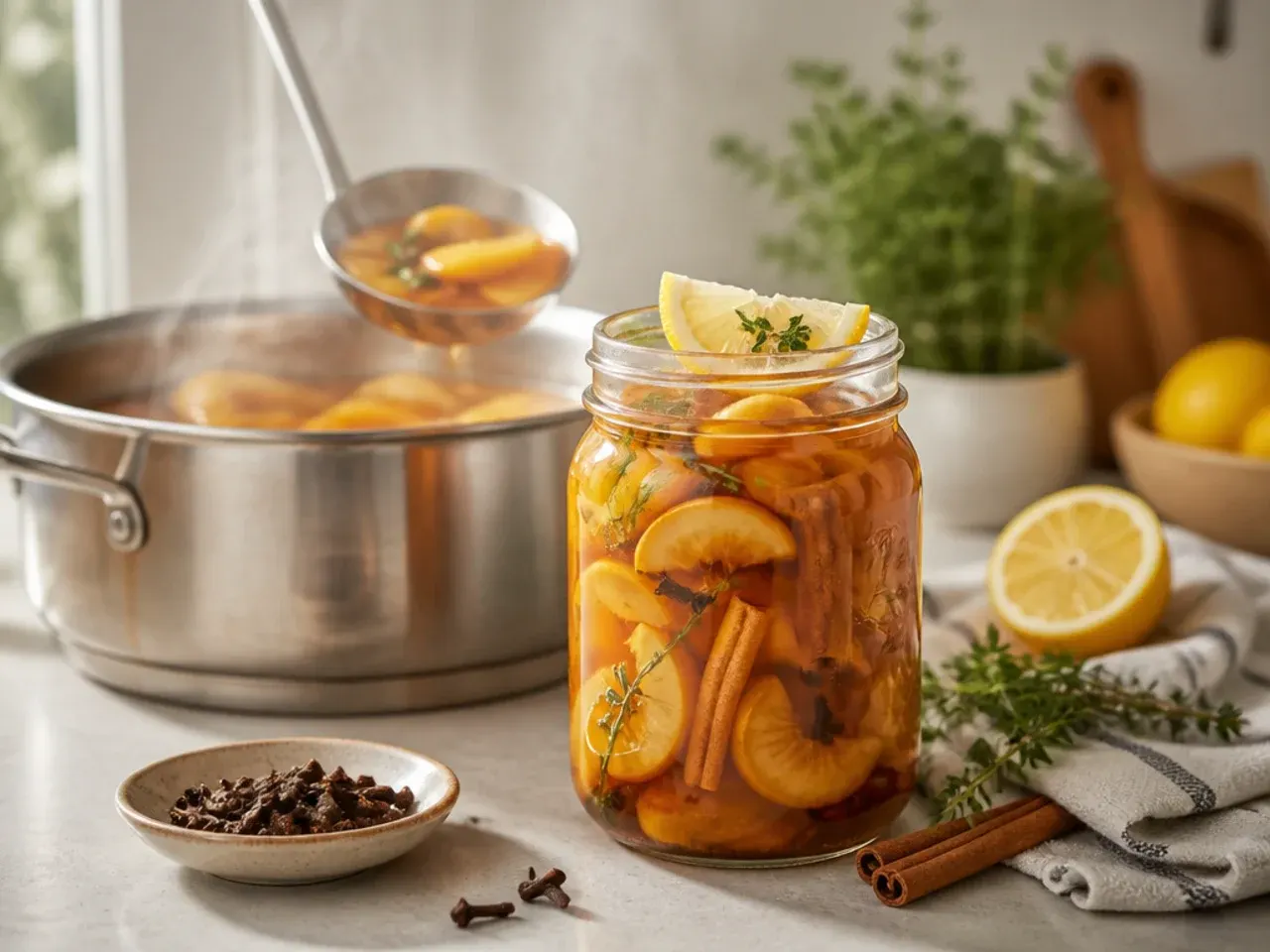 Cinnamon stick and whole cloves resting on a wooden spoon beside a simmering pan of spiced pickle brine.