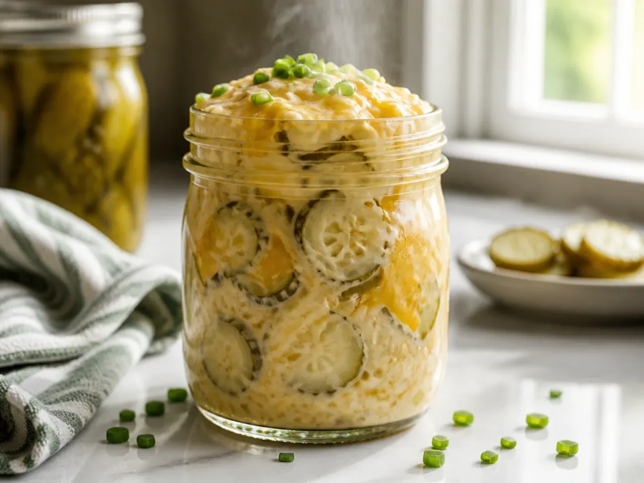 Bowl of creamy Amish-style cucumber and onion salad dressed in sour cream and sweet pickle brine.